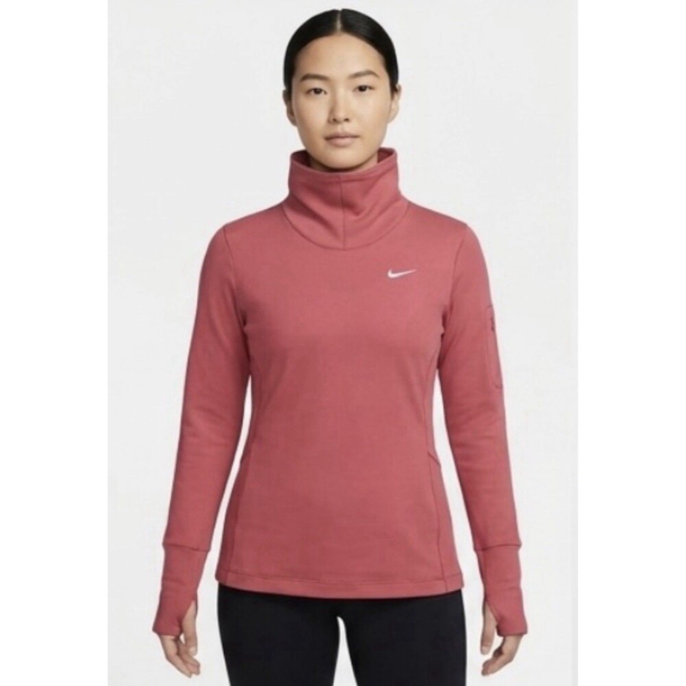 Nike Women L High Cowl Neck Long Sleeve Top Pink DD6417-622 Sleeve Pocket